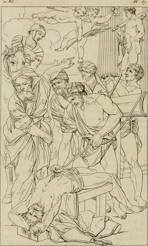 An illustration from Annales du musée et de l'école moderne des beaux-arts : recueil de gravures au trait, d'après les principaux ouvrages de peinture, sculpture, ou projets d'architecture, qui, chaque année, ont remporté le prix, soit aux écoles spéciales, soit aux concours nationaux : les productions des artistes en tous genres, qui, aux différentes expositions, ont été citées avec éloges : les morceaux les plus estimés ou inédits de la galerie de peinture : la suite complète de celle des antiques : édifices anciens et modernes, etc., 1800, leaf 227