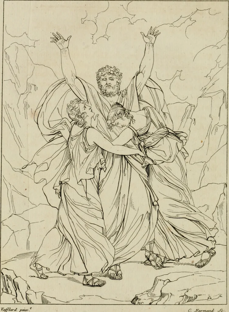 An illustration from Annales du musée et de l'école moderne des beaux-arts : recueil de gravures au trait, d'après les principaux ouvrages de peinture, sculpture, ou projets d'architecture, qui, chaque année, ont remporté le prix, soit aux écoles spéciales, soit aux concours nationaux : les productions des artistes en tous genres, qui, aux différentes expositions, ont été citées avec éloges : les morceaux les plus estimés ou inédits de la galerie de peinture : la suite complète de celle des antiques : édifices anciens et modernes, etc., 1800, leaf 239