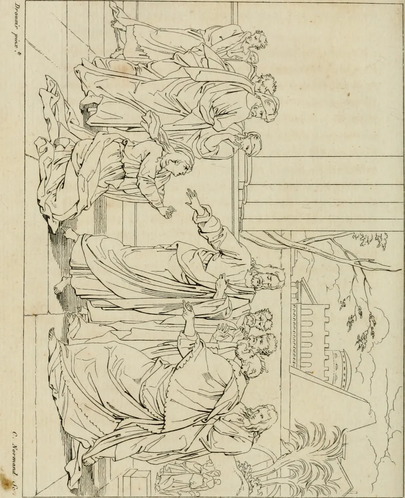An illustration from Annales du musée et de l'école moderne des beaux-arts : recueil de gravures au trait, d'après les principaux ouvrages de peinture, sculpture, ou projets d'architecture, qui, chaque année, ont remporté le prix, soit aux écoles spéciales, soit aux concours nationaux : les productions des artistes en tous genres, qui, aux différentes expositions, ont été citées avec éloges : les morceaux les plus estimés ou inédits de la galerie de peinture : la suite complète de celle des antiques : édifices anciens et modernes, etc., 1800, leaf 243