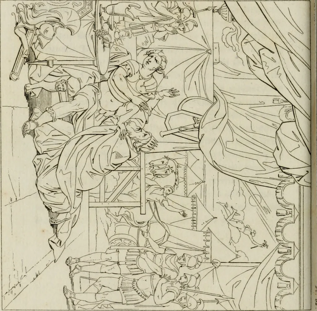 An illustration from Annales du musée et de l'école moderne des beaux-arts : recueil de gravures au trait, d'après les principaux ouvrages de peinture, sculpture, ou projets d'architecture, qui, chaque année, ont remporté le prix, soit aux écoles spéciales, soit aux concours nationaux : les productions des artistes en tous genres, qui, aux différentes expositions, ont été citées avec éloges : les morceaux les plus estimés ou inédits de la galerie de peinture : la suite complète de celle des antiques : édifices anciens et modernes, etc., 1800, leaf 247