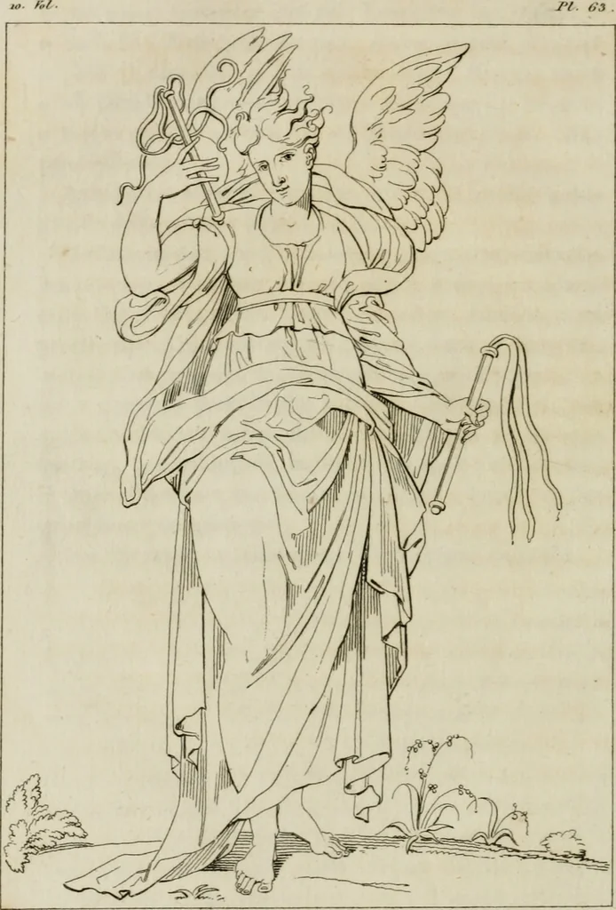 An illustration from Annales du musée et de l'école moderne des beaux-arts : recueil de gravures au trait, d'après les principaux ouvrages de peinture, sculpture, ou projets d'architecture, qui, chaque année, ont remporté le prix, soit aux écoles spéciales, soit aux concours nationaux : les productions des artistes en tous genres, qui, aux différentes expositions, ont été citées avec éloges : les morceaux les plus estimés ou inédits de la galerie de peinture : la suite complète de celle des antiques : édifices anciens et modernes, etc., 1800, leaf 251