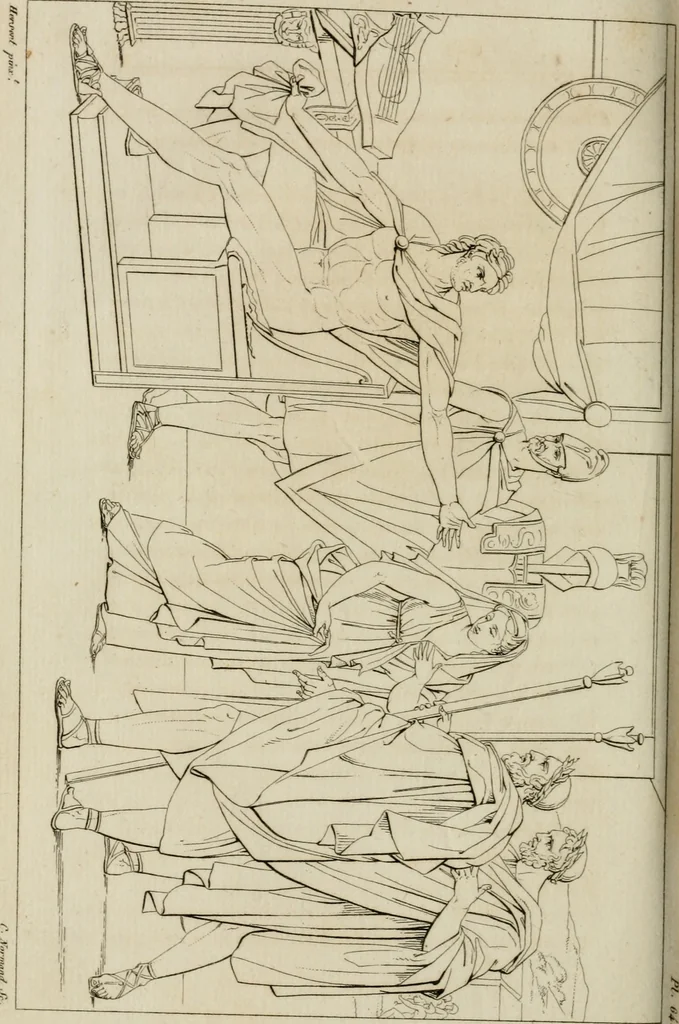 An illustration from Annales du musée et de l'école moderne des beaux-arts : recueil de gravures au trait, d'après les principaux ouvrages de peinture, sculpture, ou projets d'architecture, qui, chaque année, ont remporté le prix, soit aux écoles spéciales, soit aux concours nationaux : les productions des artistes en tous genres, qui, aux différentes expositions, ont été citées avec éloges : les morceaux les plus estimés ou inédits de la galerie de peinture : la suite complète de celle des antiques : édifices anciens et modernes, etc., 1800, leaf 255