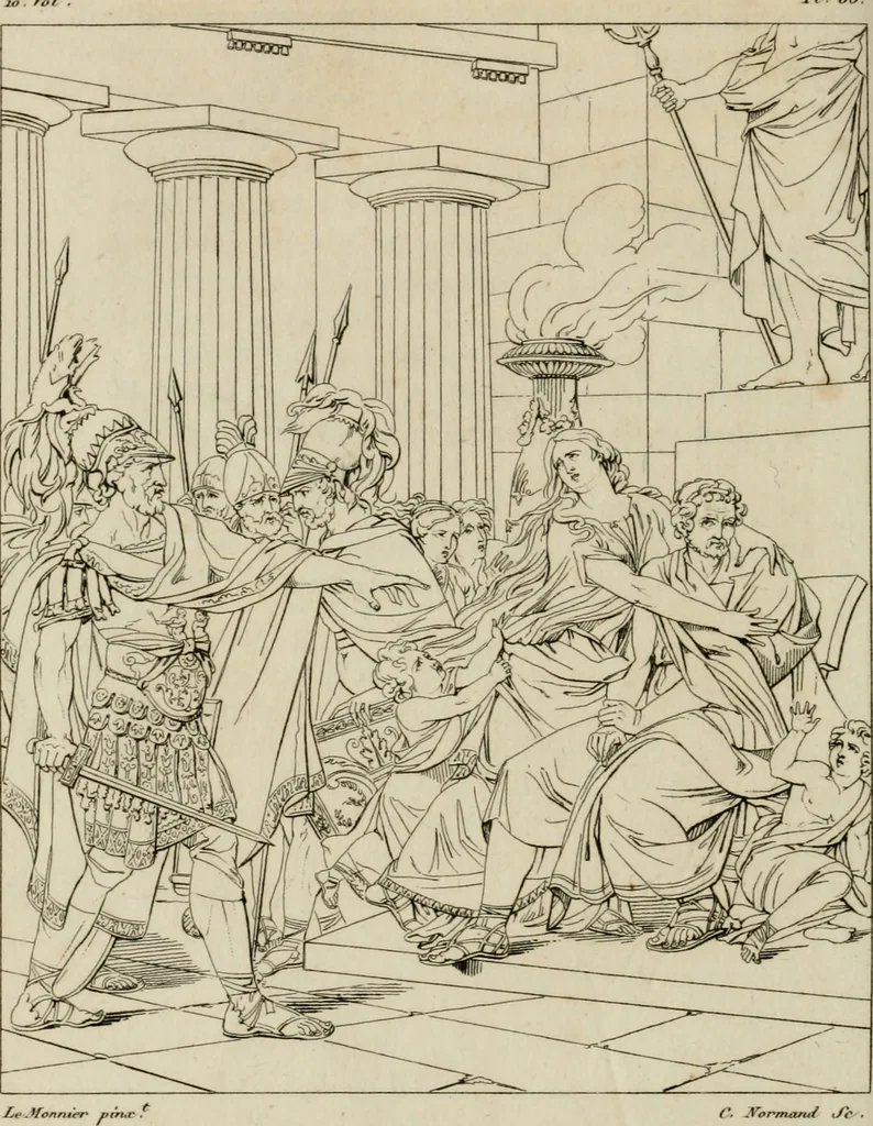 An illustration from Annales du musée et de l'école moderne des beaux-arts : recueil de gravures au trait, d'après les principaux ouvrages de peinture, sculpture, ou projets d'architecture, qui, chaque année, ont remporté le prix, soit aux écoles spéciales, soit aux concours nationaux : les productions des artistes en tous genres, qui, aux différentes expositions, ont été citées avec éloges : les morceaux les plus estimés ou inédits de la galerie de peinture : la suite complète de celle des antiques : édifices anciens et modernes, etc., 1800, leaf 259