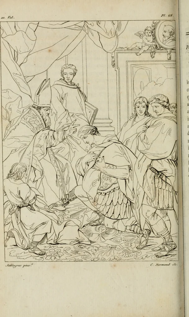 An illustration from Annales du musée et de l'école moderne des beaux-arts : recueil de gravures au trait, d'après les principaux ouvrages de peinture, sculpture, ou projets d'architecture, qui, chaque année, ont remporté le prix, soit aux écoles spéciales, soit aux concours nationaux : les productions des artistes en tous genres, qui, aux différentes expositions, ont été citées avec éloges : les morceaux les plus estimés ou inédits de la galerie de peinture : la suite complète de celle des antiques : édifices anciens et modernes, etc., 1800, leaf 271