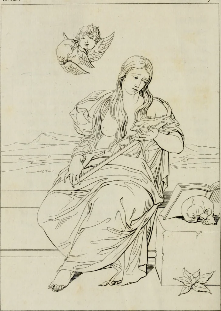 An illustration from Annales du musée et de l'école moderne des beaux-arts : recueil de gravures au trait, d'après les principaux ouvrages de peinture, sculpture, ou projets d'architecture, qui, chaque année, ont remporté le prix, soit aux écoles spéciales, soit aux concours nationaux : les productions des artistes en tous genres, qui, aux différentes expositions, ont été citées avec éloges : les morceaux les plus estimés ou inédits de la galerie de peinture : la suite complète de celle des antiques : édifices anciens et modernes, etc., 1800, leaf 279