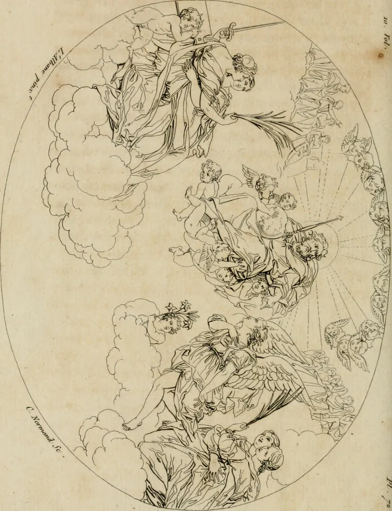 An illustration from Annales du musée et de l'école moderne des beaux-arts : recueil de gravures au trait, d'après les principaux ouvrages de peinture, sculpture, ou projets d'architecture, qui, chaque année, ont remporté le prix, soit aux écoles spéciales, soit aux concours nationaux : les productions des artistes en tous genres, qui, aux différentes expositions, ont été citées avec éloges : les morceaux les plus estimés ou inédits de la galerie de peinture : la suite complète de celle des antiques : édifices anciens et modernes, etc., 1800, leaf 287