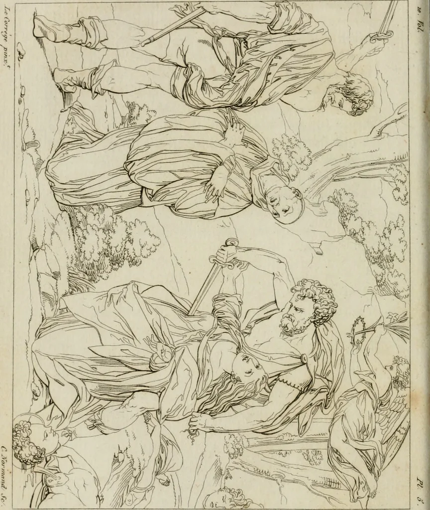 An illustration from Annales du musée et de l'école moderne des beaux-arts : recueil de gravures au trait, d'après les principaux ouvrages de peinture, sculpture, ou projets d'architecture, qui, chaque année, ont remporté le prix, soit aux écoles spéciales, soit aux concours nationaux : les productions des artistes en tous genres, qui, aux différentes expositions, ont été citées avec éloges : les morceaux les plus estimés ou inédits de la galerie de peinture : la suite complète de celle des antiques : édifices anciens et modernes, etc., 1800, leaf 29