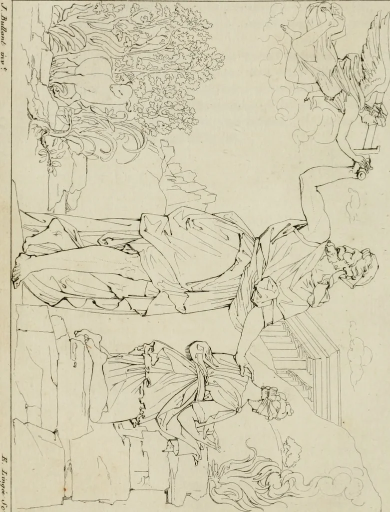An illustration from Annales du musée et de l'école moderne des beaux-arts : recueil de gravures au trait, d'après les principaux ouvrages de peinture, sculpture, ou projets d'architecture, qui, chaque année, ont remporté le prix, soit aux écoles spéciales, soit aux concours nationaux : les productions des artistes en tous genres, qui, aux différentes expositions, ont été citées avec éloges : les morceaux les plus estimés ou inédits de la galerie de peinture : la suite complète de celle des antiques : édifices anciens et modernes, etc., 1800, leaf 41