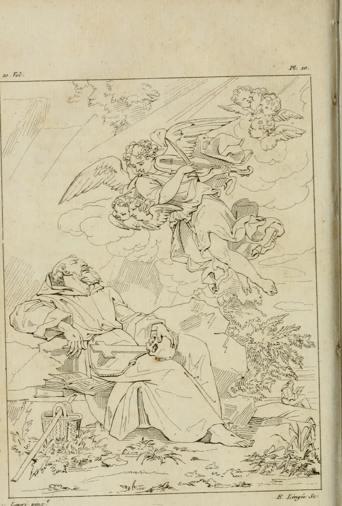 An illustration from Annales du musée et de l'école moderne des beaux-arts : recueil de gravures au trait, d'après les principaux ouvrages de peinture, sculpture, ou projets d'architecture, qui, chaque année, ont remporté le prix, soit aux écoles spéciales, soit aux concours nationaux : les productions des artistes en tous genres, qui, aux différentes expositions, ont été citées avec éloges : les morceaux les plus estimés ou inédits de la galerie de peinture : la suite complète de celle des antiques : édifices anciens et modernes, etc., 1800, leaf 49