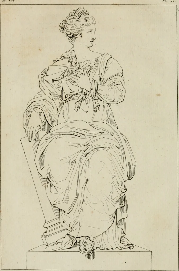 An illustration from Annales du musée et de l'école moderne des beaux-arts : recueil de gravures au trait, d'après les principaux ouvrages de peinture, sculpture, ou projets d'architecture, qui, chaque année, ont remporté le prix, soit aux écoles spéciales, soit aux concours nationaux : les productions des artistes en tous genres, qui, aux différentes expositions, ont été citées avec éloges : les morceaux les plus estimés ou inédits de la galerie de peinture : la suite complète de celle des antiques : édifices anciens et modernes, etc., 1800, leaf 57
