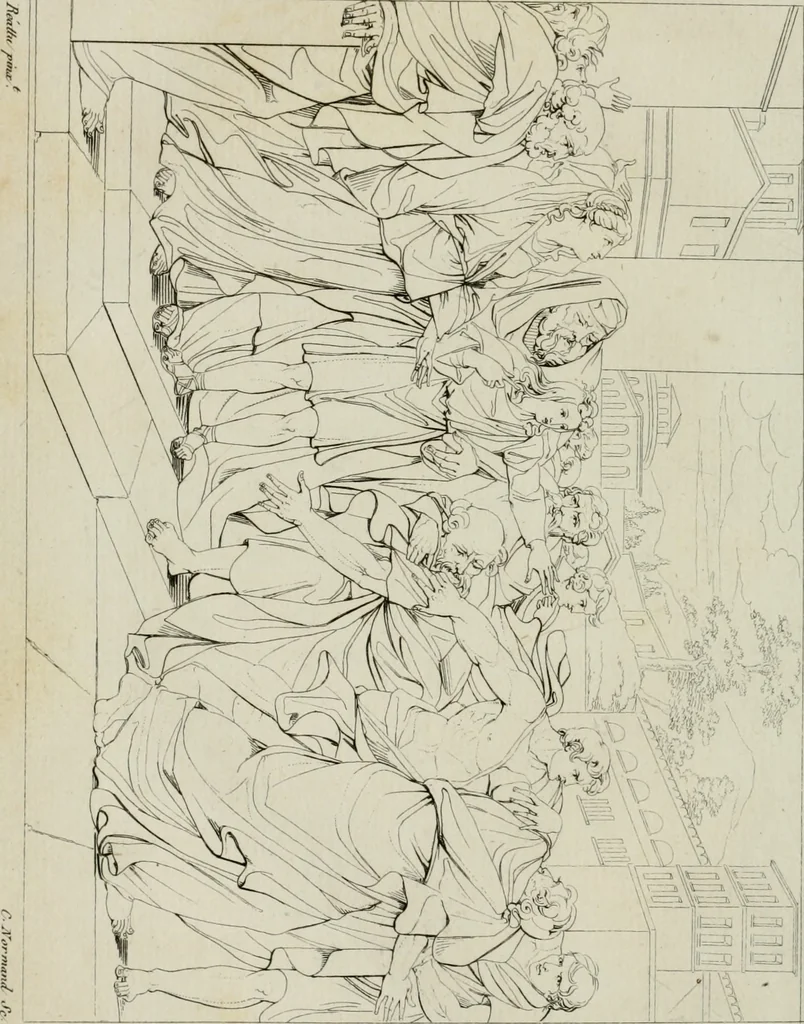 An illustration from Annales du musée et de l'école moderne des beaux-arts : recueil de gravures au trait, d'après les principaux ouvrages de peinture, sculpture, ou projets d'architecture, qui, chaque année, ont remporté le prix, soit aux écoles spéciales, soit aux concours nationaux : les productions des artistes en tous genres, qui, aux différentes expositions, ont été citées avec éloges : les morceaux les plus estimés ou inédits de la galerie de peinture : la suite complète de celle des antiques : édifices anciens et modernes, etc., 1800, leaf 61