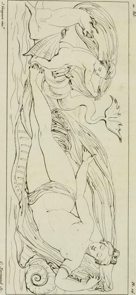 An illustration from Annales du musée et de l'école moderne des beaux-arts : recueil de gravures au trait, d'après les principaux ouvrages de peinture, sculpture, ou projets d'architecture, qui, chaque année, ont remporté le prix, soit aux écoles spéciales, soit aux concours nationaux : les productions des artistes en tous genres, qui, aux différentes expositions, ont été citées avec éloges : les morceaux les plus estimés ou inédits de la galerie de peinture : la suite complète de celle des antiques : édifices anciens et modernes, etc., 1800, leaf 65