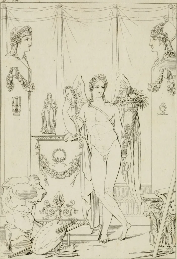 An illustration from Annales du musée et de l'école moderne des beaux-arts : recueil de gravures au trait, d'après les principaux ouvrages de peinture, sculpture, ou projets d'architecture, qui, chaque année, ont remporté le prix, soit aux écoles spéciales, soit aux concours nationaux : les productions des artistes en tous genres, qui, aux différentes expositions, ont été citées avec éloges : les morceaux les plus estimés ou inédits de la galerie de peinture : la suite complète de celle des antiques : édifices anciens et modernes, etc., 1800, leaf 7