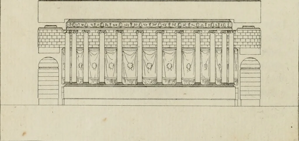 An illustration from Annales du musée et de l'école moderne des beaux-arts : recueil de gravures au trait, d'après les principaux ouvrages de peinture, sculpture, ou projets d'architecture, qui, chaque année, ont remporté le prix, soit aux écoles spéciales, soit aux concours nationaux : les productions des artistes en tous genres, qui, aux différentes expositions, ont été citées avec éloges : les morceaux les plus estimés ou inédits de la galerie de peinture : la suite complète de celle des antiques : édifices anciens et modernes, etc., 1800, leaf 73