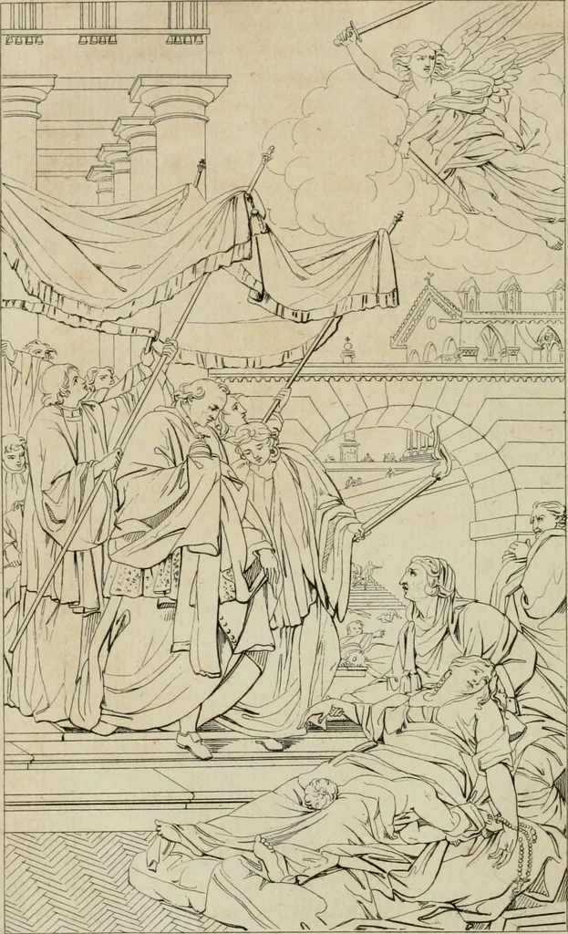 An illustration from Annales du musée et de l'école moderne des beaux-arts : recueil de gravures au trait, d'après les principaux ouvrages de peinture, sculpture, ou projets d'architecture, qui, chaque année, ont remporté le prix, soit aux écoles spéciales, soit aux concours nationaux : les productions des artistes en tous genres, qui, aux différentes expositions, ont été citées avec éloges : les morceaux les plus estimés ou inédits de la galerie de peinture : la suite complète de celle des antiques : édifices anciens et modernes, etc., 1800, leaf 77