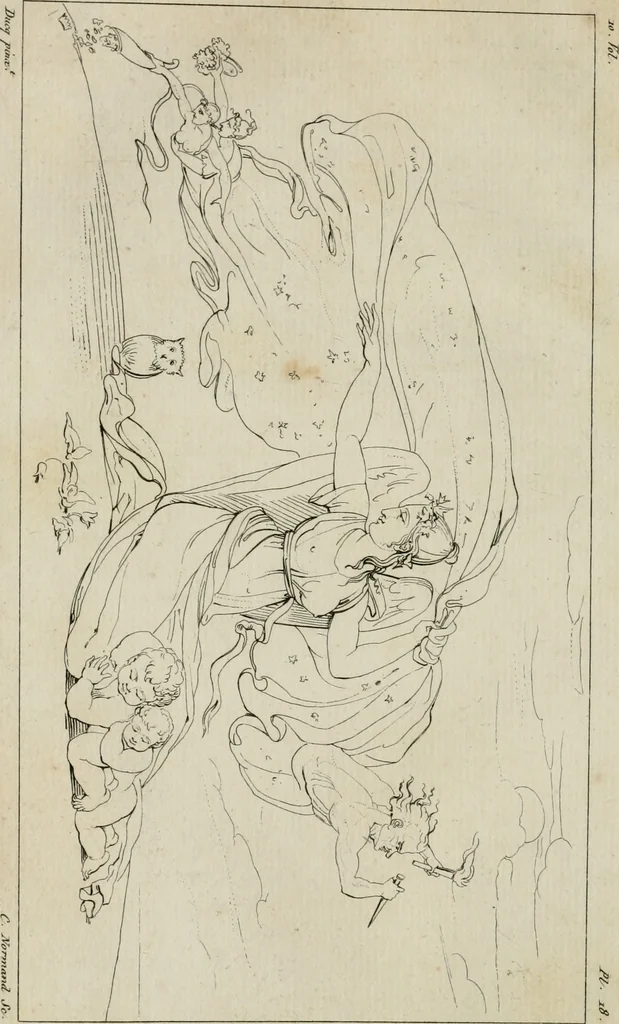 An illustration from Annales du musée et de l'école moderne des beaux-arts : recueil de gravures au trait, d'après les principaux ouvrages de peinture, sculpture, ou projets d'architecture, qui, chaque année, ont remporté le prix, soit aux écoles spéciales, soit aux concours nationaux : les productions des artistes en tous genres, qui, aux différentes expositions, ont été citées avec éloges : les morceaux les plus estimés ou inédits de la galerie de peinture : la suite complète de celle des antiques : édifices anciens et modernes, etc., 1800, leaf 81