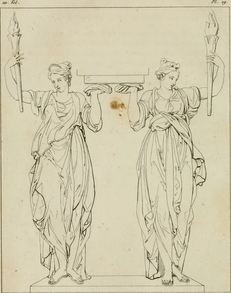 An illustration from Annales du musée et de l'école moderne des beaux-arts : recueil de gravures au trait, d'après les principaux ouvrages de peinture, sculpture, ou projets d'architecture, qui, chaque année, ont remporté le prix, soit aux écoles spéciales, soit aux concours nationaux : les productions des artistes en tous genres, qui, aux différentes expositions, ont été citées avec éloges : les morceaux les plus estimés ou inédits de la galerie de peinture : la suite complète de celle des antiques : édifices anciens et modernes, etc., 1800, leaf 85