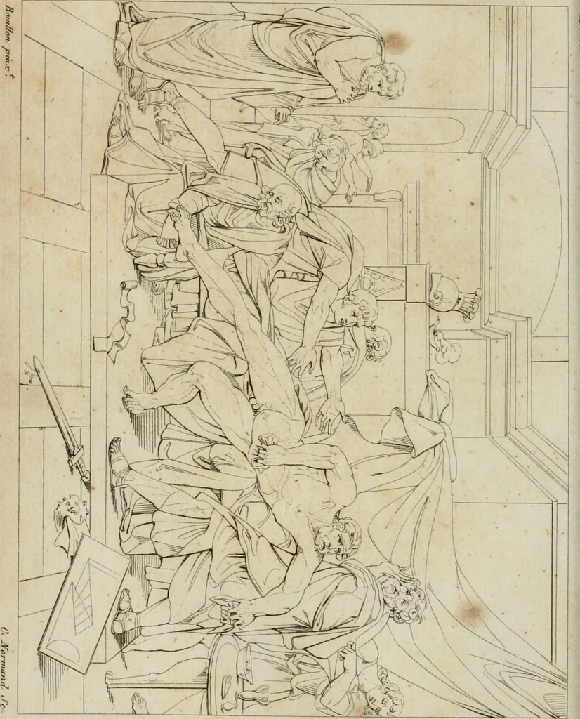 An illustration from Annales du musée et de l'école moderne des beaux-arts : recueil de gravures au trait, d'après les principaux ouvrages de peinture, sculpture, ou projets d'architecture, qui, chaque année, ont remporté le prix, soit aux écoles spéciales, soit aux concours nationaux : les productions des artistes en tous genres, qui, aux différentes expositions, ont été citées avec éloges : les morceaux les plus estimés ou inédits de la galerie de peinture : la suite complète de celle des antiques : édifices anciens et modernes, etc., 1800, leaf 93