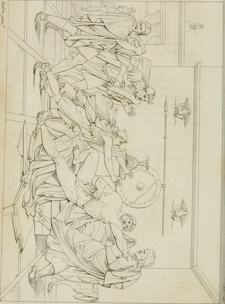 An illustration from Annales du musée et de l'école moderne des beaux-arts : recueil de gravures au trait, d'après les principaux ouvrages de peinture, sculpture, ou projets d'architecture, qui, chaque année, ont remporté le prix, soit aux écoles spéciales, soit aux concours nationaux : les productions des artistes en tous genres, qui, aux différentes expositions, ont été citées avec éloges : les morceaux les plus estimés ou inédits de la galerie de peinture : la suite complète de celle des antiques : édifices anciens et modernes, etc., 1800, leaf 97