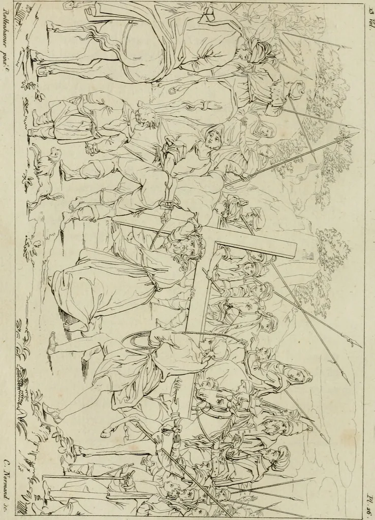 An illustration from Annales du musée et de l'école moderne des beaux-arts : recueil de gravures au trait, d'après les principaux ouvrages de peinture, sculpture, ou projets d'architecture, qui, chaque année, ont remporté le prix, soit aux écoles spéciales, soit aux concours nationaux : les productions des artistes en tous genres, qui, aux différentes expositions, ont été citées avec éloges : les morceaux les plus estimés ou inédits de la galerie de peinture : la suite complète de celle des antiques : édifices anciens et modernes, etc., 1800, leaf 109