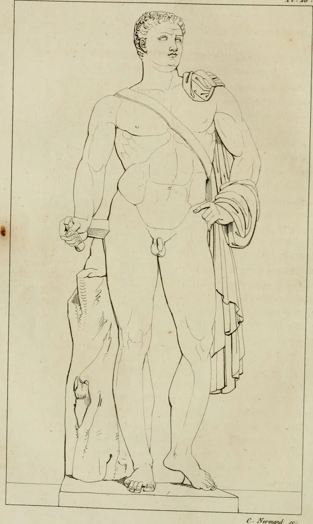 An illustration from Annales du musée et de l'école moderne des beaux-arts : recueil de gravures au trait, d'après les principaux ouvrages de peinture, sculpture, ou projets d'architecture, qui, chaque année, ont remporté le prix, soit aux écoles spéciales, soit aux concours nationaux : les productions des artistes en tous genres, qui, aux différentes expositions, ont été citées avec éloges : les morceaux les plus estimés ou inédits de la galerie de peinture : la suite complète de celle des antiques : édifices anciens et modernes, etc., 1800, leaf 117
