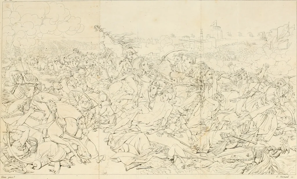 An illustration from Annales du musée et de l'école moderne des beaux-arts : recueil de gravures au trait, d'après les principaux ouvrages de peinture, sculpture, ou projets d'architecture, qui, chaque année, ont remporté le prix, soit aux écoles spéciales, soit aux concours nationaux : les productions des artistes en tous genres, qui, aux différentes expositions, ont été citées avec éloges : les morceaux les plus estimés ou inédits de la galerie de peinture : la suite complète de celle des antiques : édifices anciens et modernes, etc., 1800, leaf 12