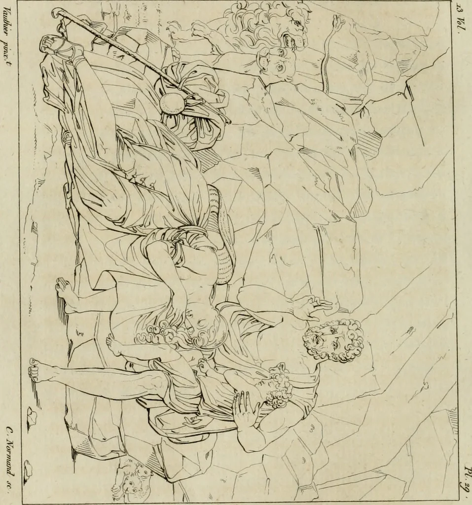 An illustration from Annales du musée et de l'école moderne des beaux-arts : recueil de gravures au trait, d'après les principaux ouvrages de peinture, sculpture, ou projets d'architecture, qui, chaque année, ont remporté le prix, soit aux écoles spéciales, soit aux concours nationaux : les productions des artistes en tous genres, qui, aux différentes expositions, ont été citées avec éloges : les morceaux les plus estimés ou inédits de la galerie de peinture : la suite complète de celle des antiques : édifices anciens et modernes, etc., 1800, leaf 121