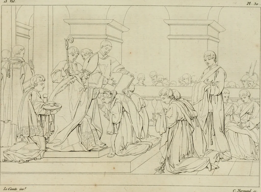 An illustration from Annales du musée et de l'école moderne des beaux-arts : recueil de gravures au trait, d'après les principaux ouvrages de peinture, sculpture, ou projets d'architecture, qui, chaque année, ont remporté le prix, soit aux écoles spéciales, soit aux concours nationaux : les productions des artistes en tous genres, qui, aux différentes expositions, ont été citées avec éloges : les morceaux les plus estimés ou inédits de la galerie de peinture : la suite complète de celle des antiques : édifices anciens et modernes, etc., 1800, leaf 125