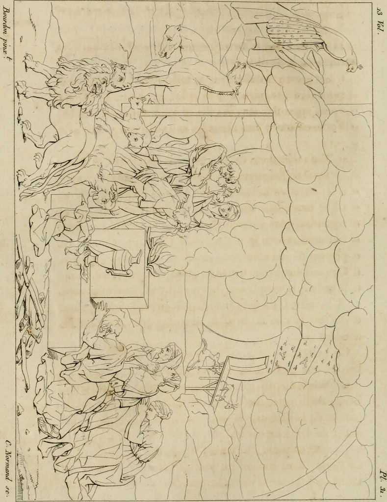 An illustration from Annales du musée et de l'école moderne des beaux-arts : recueil de gravures au trait, d'après les principaux ouvrages de peinture, sculpture, ou projets d'architecture, qui, chaque année, ont remporté le prix, soit aux écoles spéciales, soit aux concours nationaux : les productions des artistes en tous genres, qui, aux différentes expositions, ont été citées avec éloges : les morceaux les plus estimés ou inédits de la galerie de peinture : la suite complète de celle des antiques : édifices anciens et modernes, etc., 1800, leaf 129
