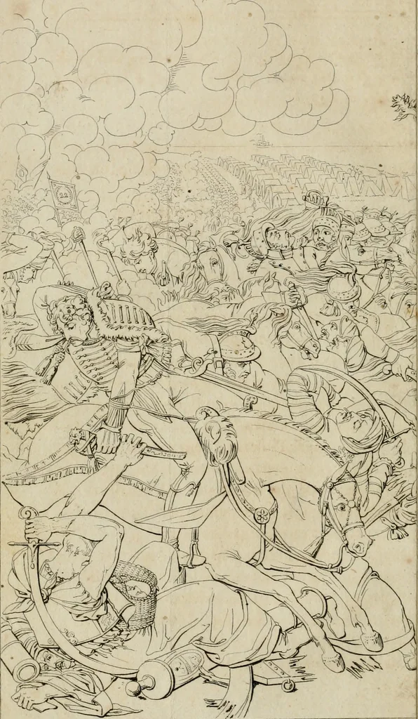 An illustration from Annales du musée et de l'école moderne des beaux-arts : recueil de gravures au trait, d'après les principaux ouvrages de peinture, sculpture, ou projets d'architecture, qui, chaque année, ont remporté le prix, soit aux écoles spéciales, soit aux concours nationaux : les productions des artistes en tous genres, qui, aux différentes expositions, ont été citées avec éloges : les morceaux les plus estimés ou inédits de la galerie de peinture : la suite complète de celle des antiques : édifices anciens et modernes, etc., 1800, leaf 13