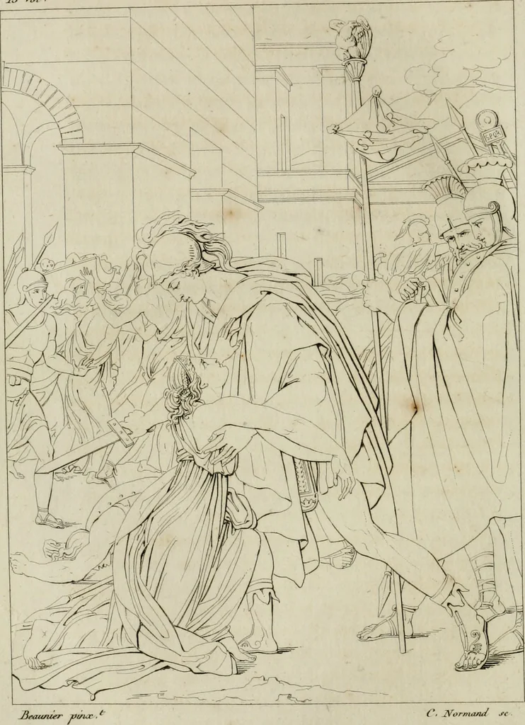 An illustration from Annales du musée et de l'école moderne des beaux-arts : recueil de gravures au trait, d'après les principaux ouvrages de peinture, sculpture, ou projets d'architecture, qui, chaque année, ont remporté le prix, soit aux écoles spéciales, soit aux concours nationaux : les productions des artistes en tous genres, qui, aux différentes expositions, ont été citées avec éloges : les morceaux les plus estimés ou inédits de la galerie de peinture : la suite complète de celle des antiques : édifices anciens et modernes, etc., 1800, leaf 133