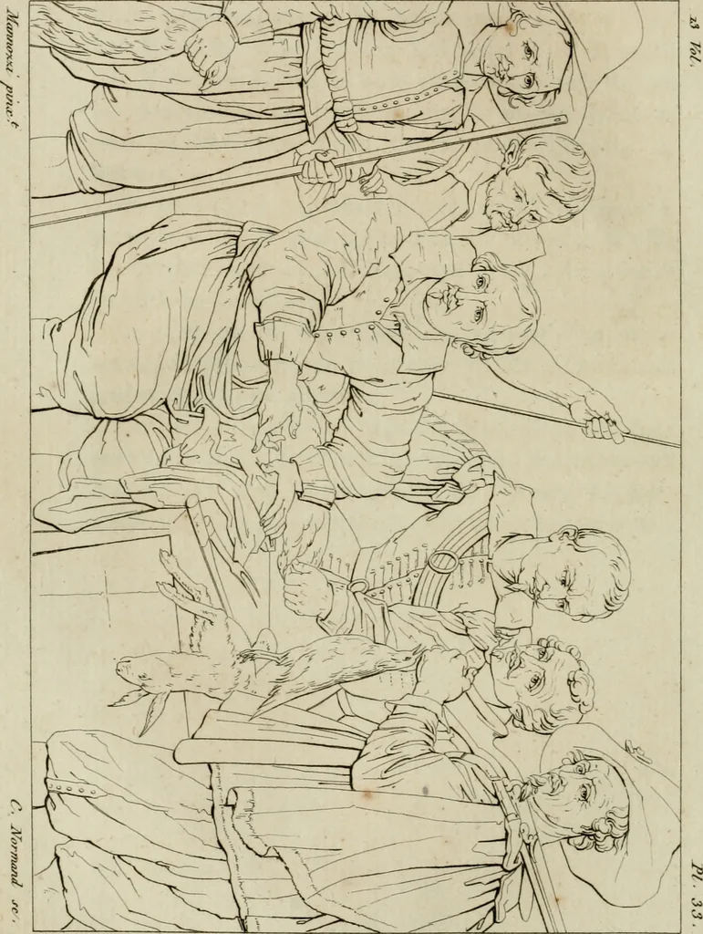 An illustration from Annales du musée et de l'école moderne des beaux-arts : recueil de gravures au trait, d'après les principaux ouvrages de peinture, sculpture, ou projets d'architecture, qui, chaque année, ont remporté le prix, soit aux écoles spéciales, soit aux concours nationaux : les productions des artistes en tous genres, qui, aux différentes expositions, ont été citées avec éloges : les morceaux les plus estimés ou inédits de la galerie de peinture : la suite complète de celle des antiques : édifices anciens et modernes, etc., 1800, leaf 137