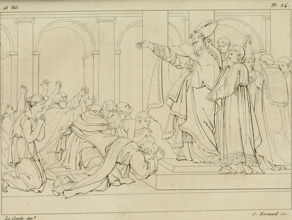 An illustration from Annales du musée et de l'école moderne des beaux-arts : recueil de gravures au trait, d'après les principaux ouvrages de peinture, sculpture, ou projets d'architecture, qui, chaque année, ont remporté le prix, soit aux écoles spéciales, soit aux concours nationaux : les productions des artistes en tous genres, qui, aux différentes expositions, ont été citées avec éloges : les morceaux les plus estimés ou inédits de la galerie de peinture : la suite complète de celle des antiques : édifices anciens et modernes, etc., 1800, leaf 141