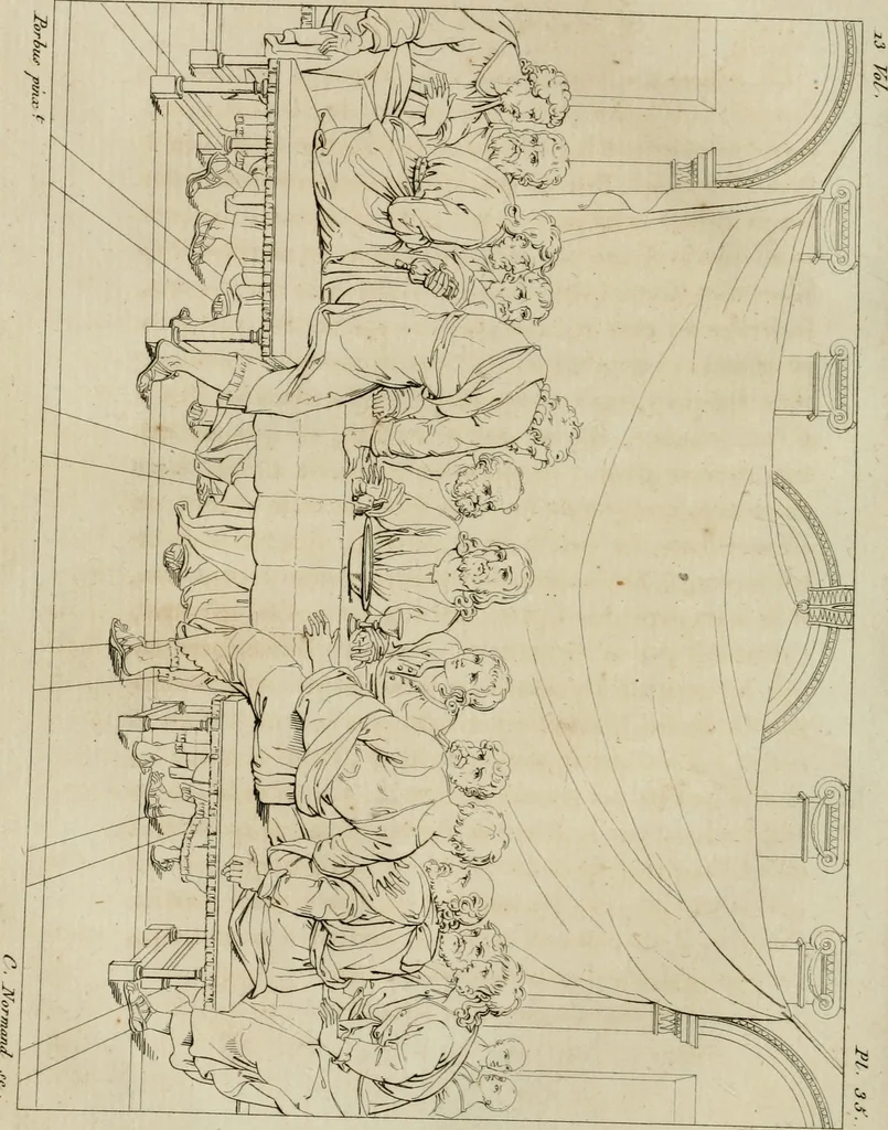 An illustration from Annales du musée et de l'école moderne des beaux-arts : recueil de gravures au trait, d'après les principaux ouvrages de peinture, sculpture, ou projets d'architecture, qui, chaque année, ont remporté le prix, soit aux écoles spéciales, soit aux concours nationaux : les productions des artistes en tous genres, qui, aux différentes expositions, ont été citées avec éloges : les morceaux les plus estimés ou inédits de la galerie de peinture : la suite complète de celle des antiques : édifices anciens et modernes, etc., 1800, leaf 145