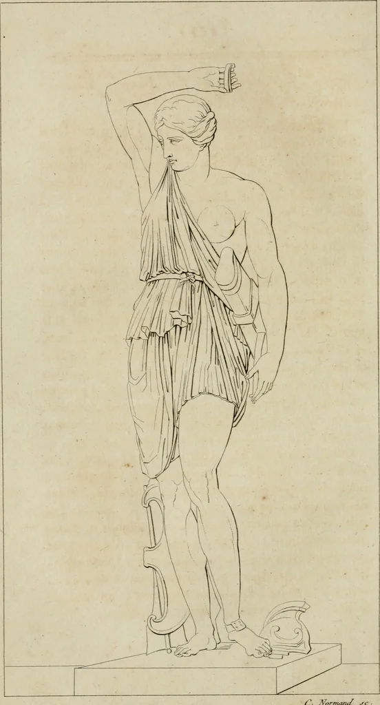 An illustration from Annales du musée et de l'école moderne des beaux-arts : recueil de gravures au trait, d'après les principaux ouvrages de peinture, sculpture, ou projets d'architecture, qui, chaque année, ont remporté le prix, soit aux écoles spéciales, soit aux concours nationaux : les productions des artistes en tous genres, qui, aux différentes expositions, ont été citées avec éloges : les morceaux les plus estimés ou inédits de la galerie de peinture : la suite complète de celle des antiques : édifices anciens et modernes, etc., 1800, leaf 149