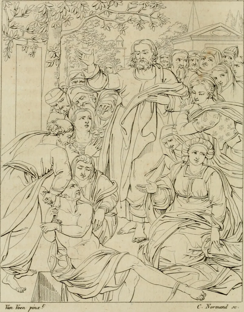 An illustration from Annales du musée et de l'école moderne des beaux-arts : recueil de gravures au trait, d'après les principaux ouvrages de peinture, sculpture, ou projets d'architecture, qui, chaque année, ont remporté le prix, soit aux écoles spéciales, soit aux concours nationaux : les productions des artistes en tous genres, qui, aux différentes expositions, ont été citées avec éloges : les morceaux les plus estimés ou inédits de la galerie de peinture : la suite complète de celle des antiques : édifices anciens et modernes, etc., 1800, leaf 153