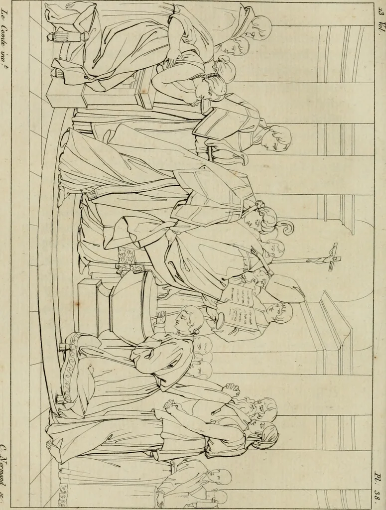 An illustration from Annales du musée et de l'école moderne des beaux-arts : recueil de gravures au trait, d'après les principaux ouvrages de peinture, sculpture, ou projets d'architecture, qui, chaque année, ont remporté le prix, soit aux écoles spéciales, soit aux concours nationaux : les productions des artistes en tous genres, qui, aux différentes expositions, ont été citées avec éloges : les morceaux les plus estimés ou inédits de la galerie de peinture : la suite complète de celle des antiques : édifices anciens et modernes, etc., 1800, leaf 157