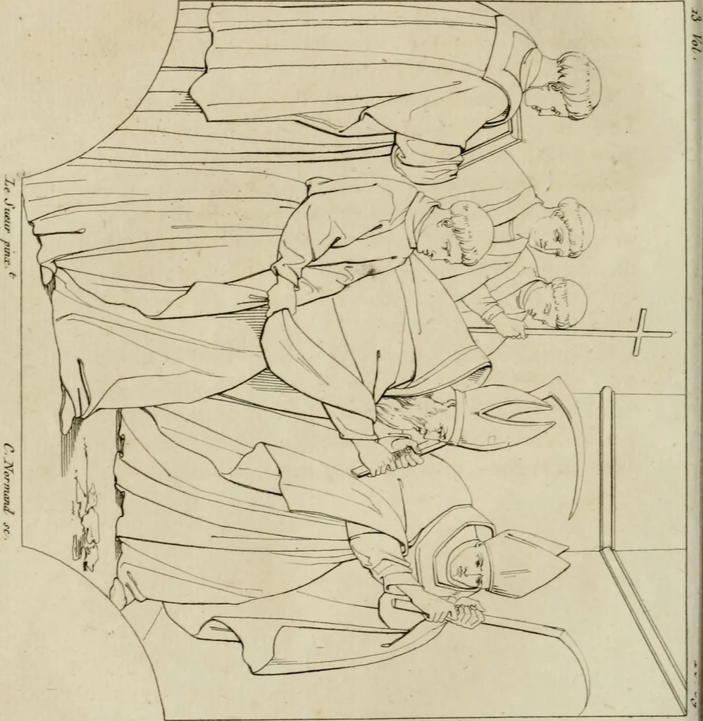 An illustration from Annales du musée et de l'école moderne des beaux-arts : recueil de gravures au trait, d'après les principaux ouvrages de peinture, sculpture, ou projets d'architecture, qui, chaque année, ont remporté le prix, soit aux écoles spéciales, soit aux concours nationaux : les productions des artistes en tous genres, qui, aux différentes expositions, ont été citées avec éloges : les morceaux les plus estimés ou inédits de la galerie de peinture : la suite complète de celle des antiques : édifices anciens et modernes, etc., 1800, leaf 161