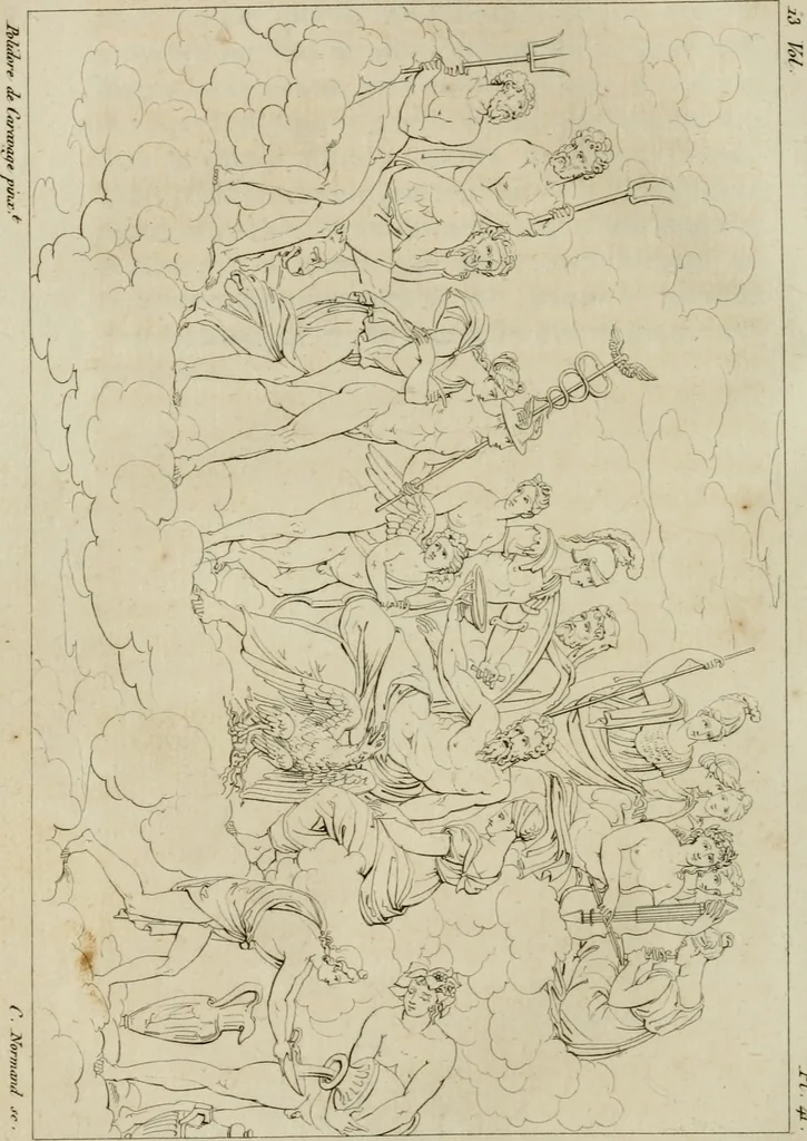 An illustration from Annales du musée et de l'école moderne des beaux-arts : recueil de gravures au trait, d'après les principaux ouvrages de peinture, sculpture, ou projets d'architecture, qui, chaque année, ont remporté le prix, soit aux écoles spéciales, soit aux concours nationaux : les productions des artistes en tous genres, qui, aux différentes expositions, ont été citées avec éloges : les morceaux les plus estimés ou inédits de la galerie de peinture : la suite complète de celle des antiques : édifices anciens et modernes, etc., 1800, leaf 169