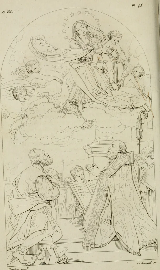 An illustration from Annales du musée et de l'école moderne des beaux-arts : recueil de gravures au trait, d'après les principaux ouvrages de peinture, sculpture, ou projets d'architecture, qui, chaque année, ont remporté le prix, soit aux écoles spéciales, soit aux concours nationaux : les productions des artistes en tous genres, qui, aux différentes expositions, ont été citées avec éloges : les morceaux les plus estimés ou inédits de la galerie de peinture : la suite complète de celle des antiques : édifices anciens et modernes, etc., 1800, leaf 185