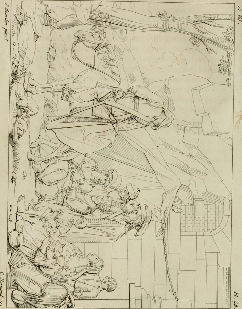An illustration from Annales du musée et de l'école moderne des beaux-arts : recueil de gravures au trait, d'après les principaux ouvrages de peinture, sculpture, ou projets d'architecture, qui, chaque année, ont remporté le prix, soit aux écoles spéciales, soit aux concours nationaux : les productions des artistes en tous genres, qui, aux différentes expositions, ont été citées avec éloges : les morceaux les plus estimés ou inédits de la galerie de peinture : la suite complète de celle des antiques : édifices anciens et modernes, etc., 1800, leaf 197