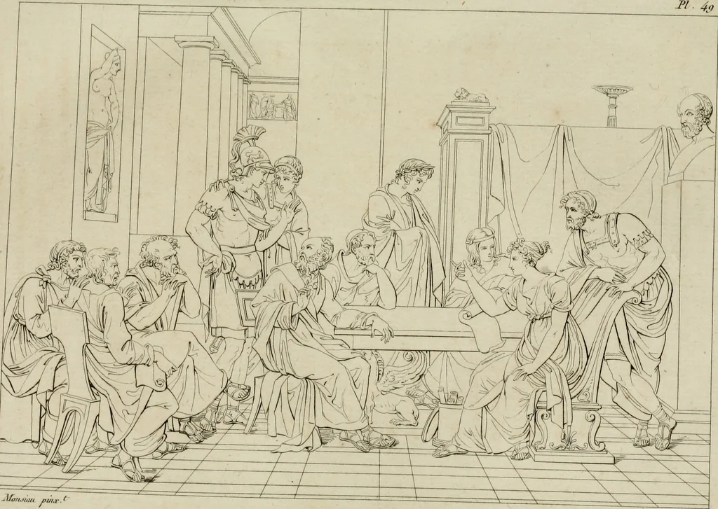 An illustration from Annales du musée et de l'école moderne des beaux-arts : recueil de gravures au trait, d'après les principaux ouvrages de peinture, sculpture, ou projets d'architecture, qui, chaque année, ont remporté le prix, soit aux écoles spéciales, soit aux concours nationaux : les productions des artistes en tous genres, qui, aux différentes expositions, ont été citées avec éloges : les morceaux les plus estimés ou inédits de la galerie de peinture : la suite complète de celle des antiques : édifices anciens et modernes, etc., 1800, leaf 201
