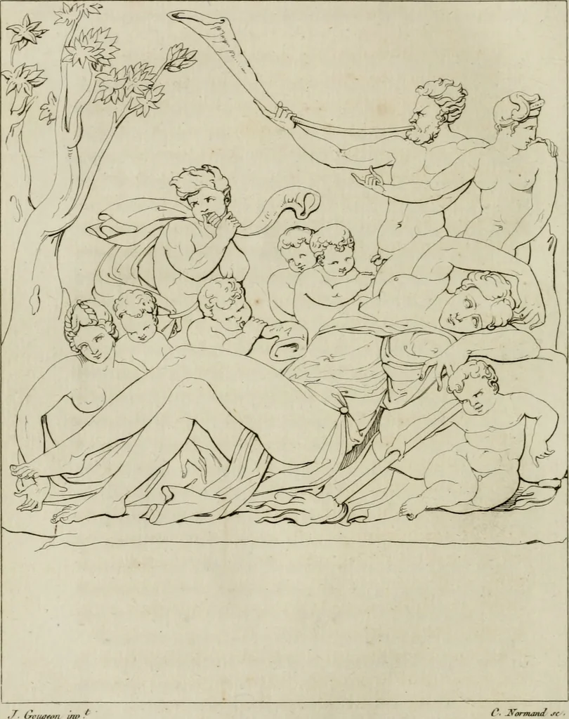 An illustration from Annales du musée et de l'école moderne des beaux-arts : recueil de gravures au trait, d'après les principaux ouvrages de peinture, sculpture, ou projets d'architecture, qui, chaque année, ont remporté le prix, soit aux écoles spéciales, soit aux concours nationaux : les productions des artistes en tous genres, qui, aux différentes expositions, ont été citées avec éloges : les morceaux les plus estimés ou inédits de la galerie de peinture : la suite complète de celle des antiques : édifices anciens et modernes, etc., 1800, leaf 205