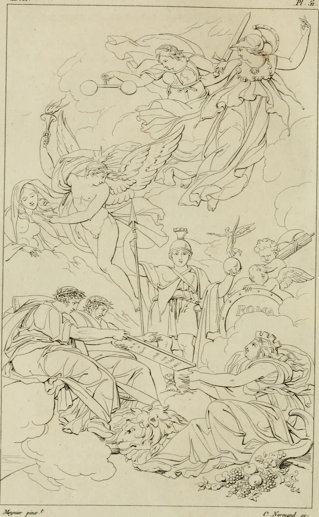 An illustration from Annales du musée et de l'école moderne des beaux-arts : recueil de gravures au trait, d'après les principaux ouvrages de peinture, sculpture, ou projets d'architecture, qui, chaque année, ont remporté le prix, soit aux écoles spéciales, soit aux concours nationaux : les productions des artistes en tous genres, qui, aux différentes expositions, ont été citées avec éloges : les morceaux les plus estimés ou inédits de la galerie de peinture : la suite complète de celle des antiques : édifices anciens et modernes, etc., 1800, leaf 209