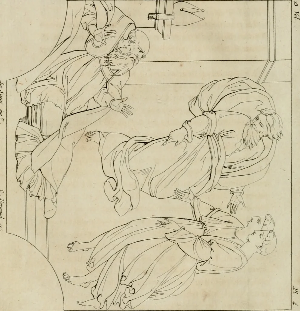 An illustration from Annales du musée et de l'école moderne des beaux-arts : recueil de gravures au trait, d'après les principaux ouvrages de peinture, sculpture, ou projets d'architecture, qui, chaque année, ont remporté le prix, soit aux écoles spéciales, soit aux concours nationaux : les productions des artistes en tous genres, qui, aux différentes expositions, ont été citées avec éloges : les morceaux les plus estimés ou inédits de la galerie de peinture : la suite complète de celle des antiques : édifices anciens et modernes, etc., 1800, leaf 21