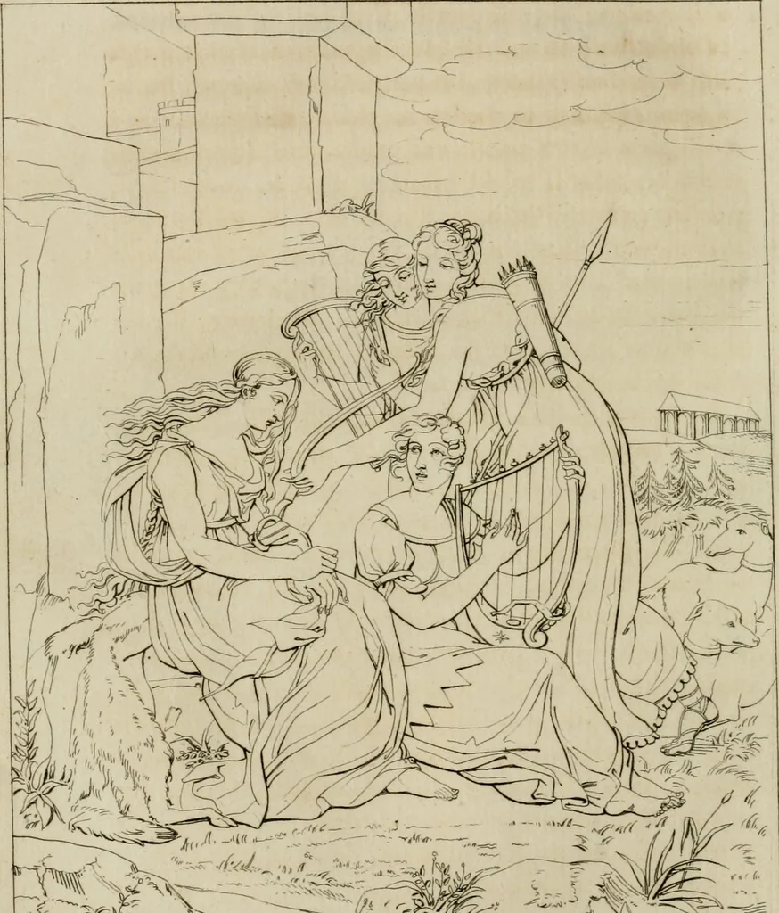 An illustration from Annales du musée et de l'école moderne des beaux-arts : recueil de gravures au trait, d'après les principaux ouvrages de peinture, sculpture, ou projets d'architecture, qui, chaque année, ont remporté le prix, soit aux écoles spéciales, soit aux concours nationaux : les productions des artistes en tous genres, qui, aux différentes expositions, ont été citées avec éloges : les morceaux les plus estimés ou inédits de la galerie de peinture : la suite complète de celle des antiques : édifices anciens et modernes, etc., 1800, leaf 217