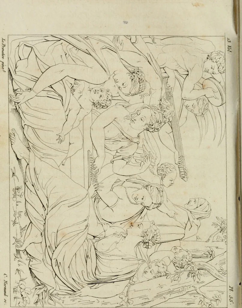 An illustration from Annales du musée et de l'école moderne des beaux-arts : recueil de gravures au trait, d'après les principaux ouvrages de peinture, sculpture, ou projets d'architecture, qui, chaque année, ont remporté le prix, soit aux écoles spéciales, soit aux concours nationaux : les productions des artistes en tous genres, qui, aux différentes expositions, ont été citées avec éloges : les morceaux les plus estimés ou inédits de la galerie de peinture : la suite complète de celle des antiques : édifices anciens et modernes, etc., 1800, leaf 225