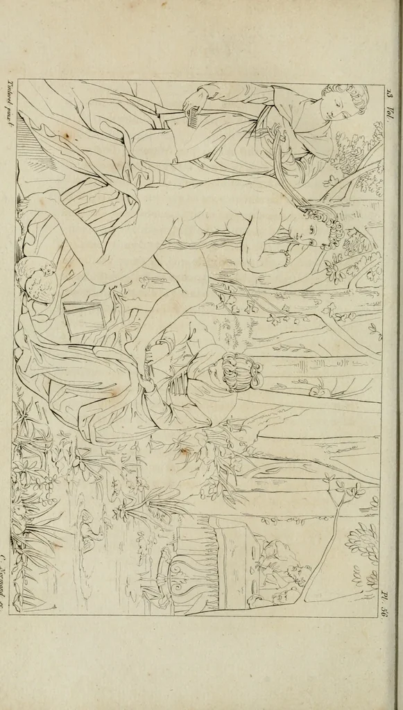 An illustration from Annales du musée et de l'école moderne des beaux-arts : recueil de gravures au trait, d'après les principaux ouvrages de peinture, sculpture, ou projets d'architecture, qui, chaque année, ont remporté le prix, soit aux écoles spéciales, soit aux concours nationaux : les productions des artistes en tous genres, qui, aux différentes expositions, ont été citées avec éloges : les morceaux les plus estimés ou inédits de la galerie de peinture : la suite complète de celle des antiques : édifices anciens et modernes, etc., 1800, leaf 229