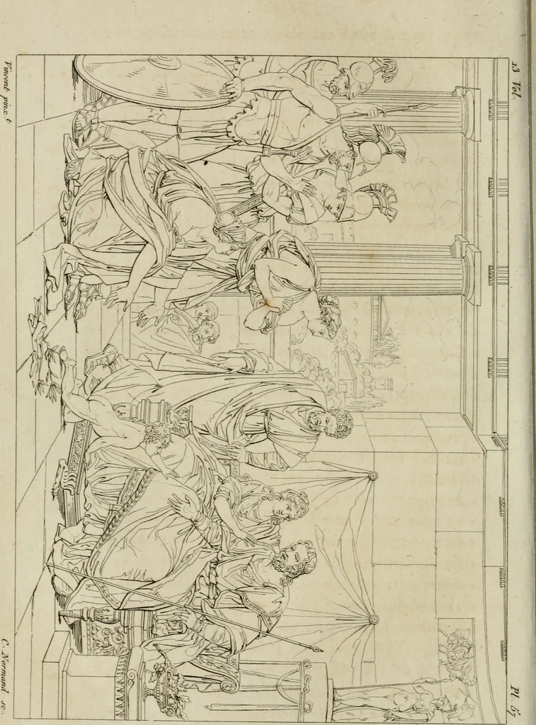 An illustration from Annales du musée et de l'école moderne des beaux-arts : recueil de gravures au trait, d'après les principaux ouvrages de peinture, sculpture, ou projets d'architecture, qui, chaque année, ont remporté le prix, soit aux écoles spéciales, soit aux concours nationaux : les productions des artistes en tous genres, qui, aux différentes expositions, ont été citées avec éloges : les morceaux les plus estimés ou inédits de la galerie de peinture : la suite complète de celle des antiques : édifices anciens et modernes, etc., 1800, leaf 233
