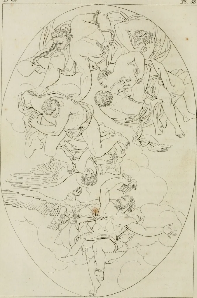 An illustration from Annales du musée et de l'école moderne des beaux-arts : recueil de gravures au trait, d'après les principaux ouvrages de peinture, sculpture, ou projets d'architecture, qui, chaque année, ont remporté le prix, soit aux écoles spéciales, soit aux concours nationaux : les productions des artistes en tous genres, qui, aux différentes expositions, ont été citées avec éloges : les morceaux les plus estimés ou inédits de la galerie de peinture : la suite complète de celle des antiques : édifices anciens et modernes, etc., 1800, leaf 237